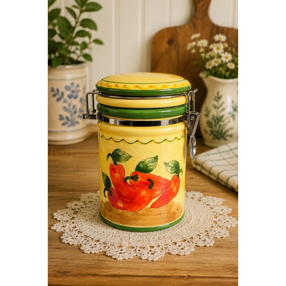 90s Grandmacore Pepper Ceramic Clamp Lid Kitchen Canister 6.5" Farmhouse